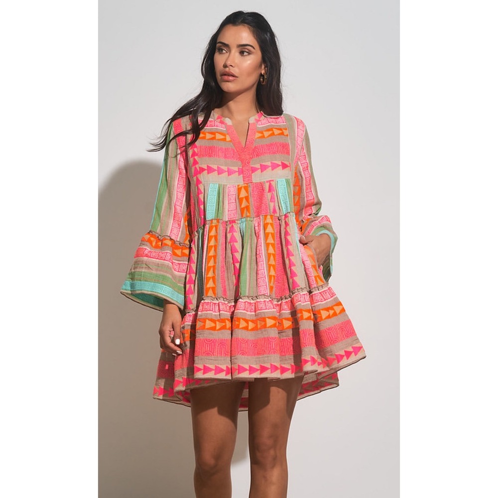 Elan Neon Geometric Tiered Mini Dress Pink Orange Boho Bell Sleeve Pockets L